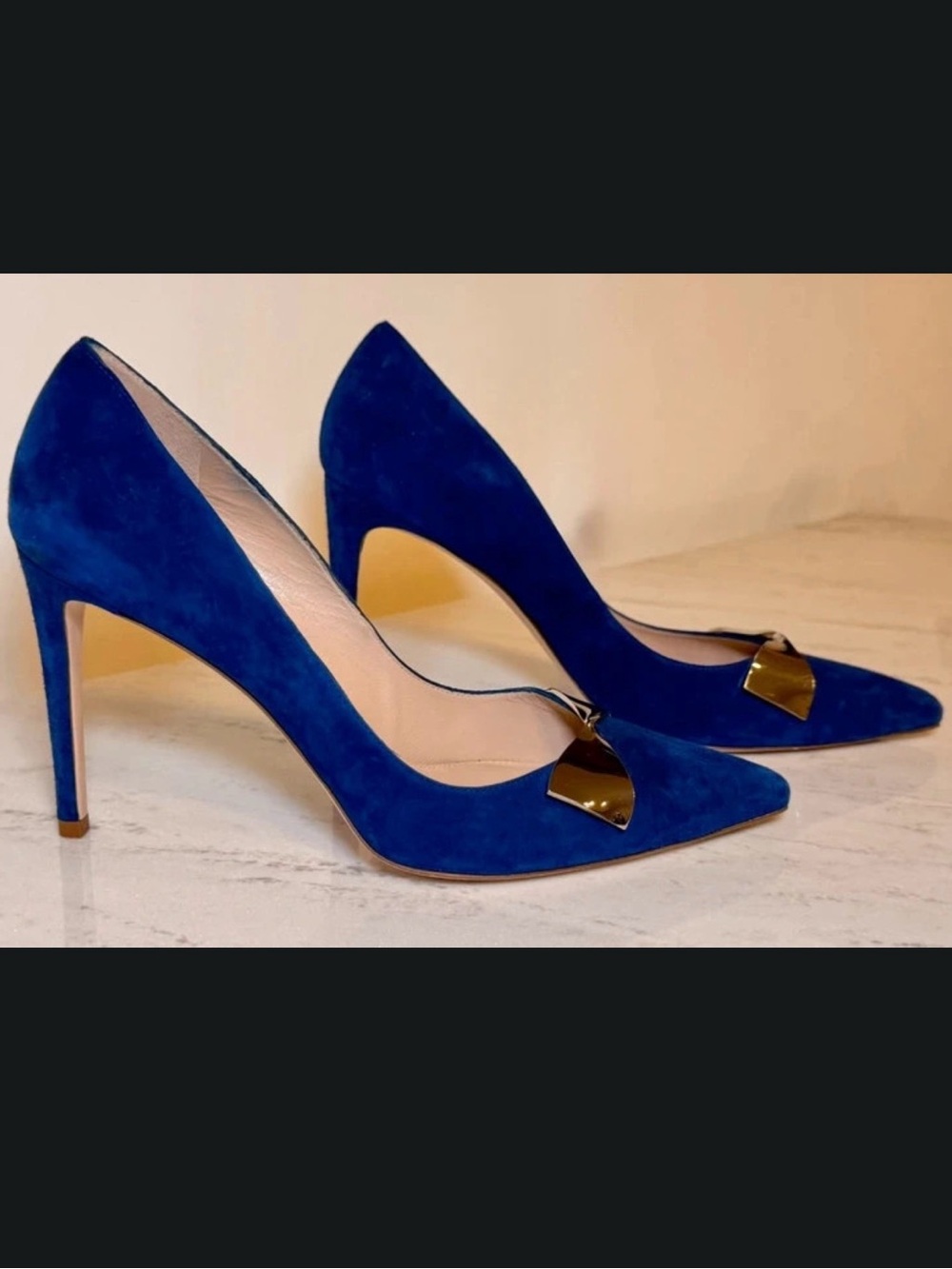 Stuart Weitzman Blue Suede Pointed Toe Stiletto Pumps Metallic Bow Size 10M